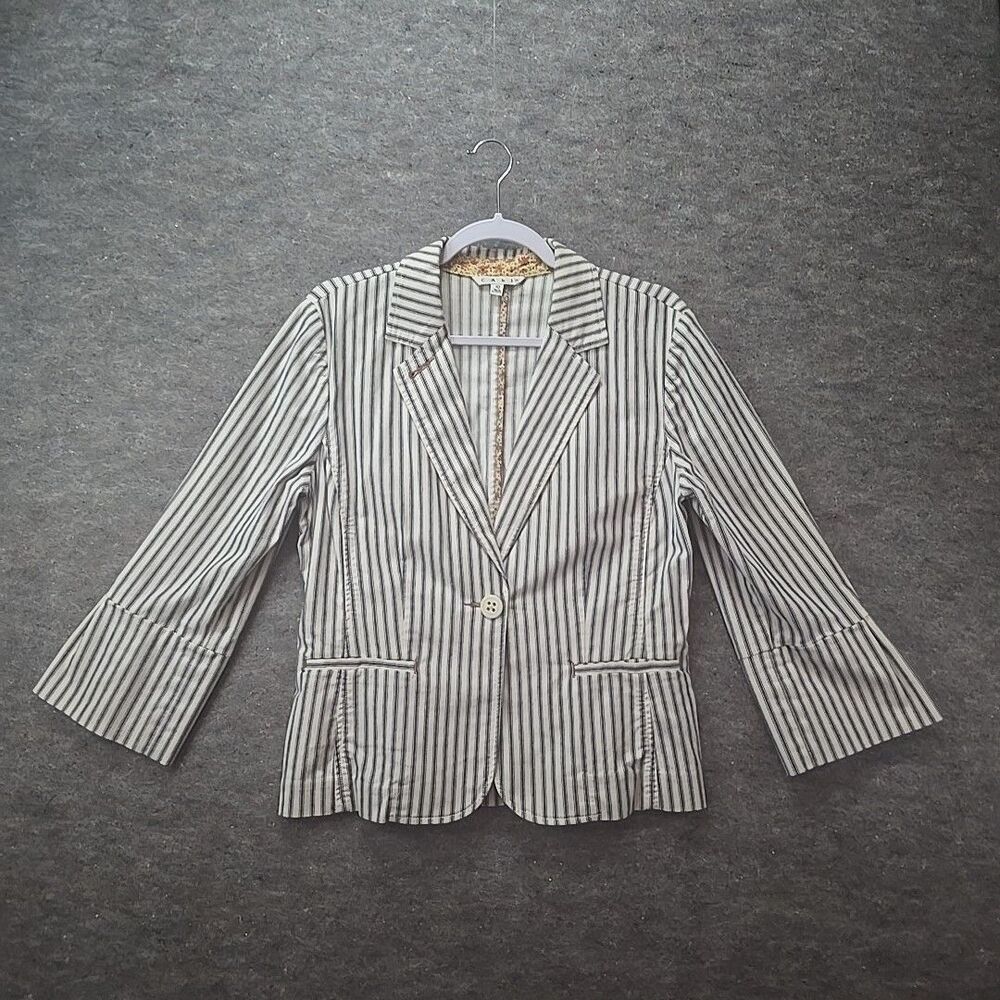 Cabi Blazer Women 10 Notch Collar Single Breast 3/4 Sleeve Unlined White Striped